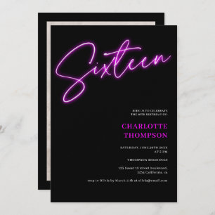 Invitation Cool neon violet script rétro noir photo Sweet 16