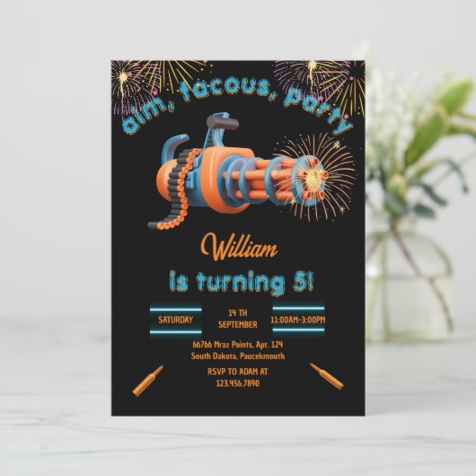 Invitation Cool Nerf Wars Party Top Gun 5e anniversaire (Debout devant)