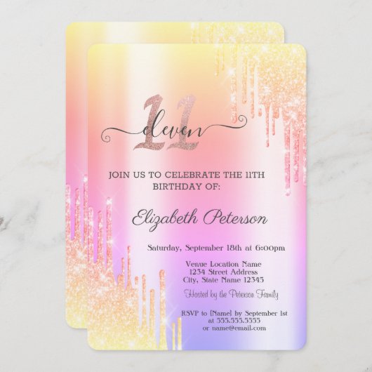 Invitation Cool Ombre Parties scintillant Drips 11e anniversa (Devant / Derrière)