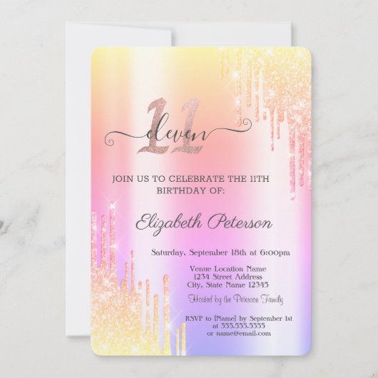 Invitation Cool Ombre Parties scintillant Drips 11e anniversa (Devant)