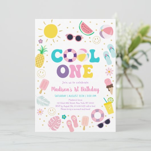 Invitation Cool One Boho Pool Party 1er anniversaire (Debout devant)