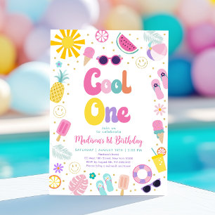 Invitation Cool One Girl Summer Pool Party Premier anniversai