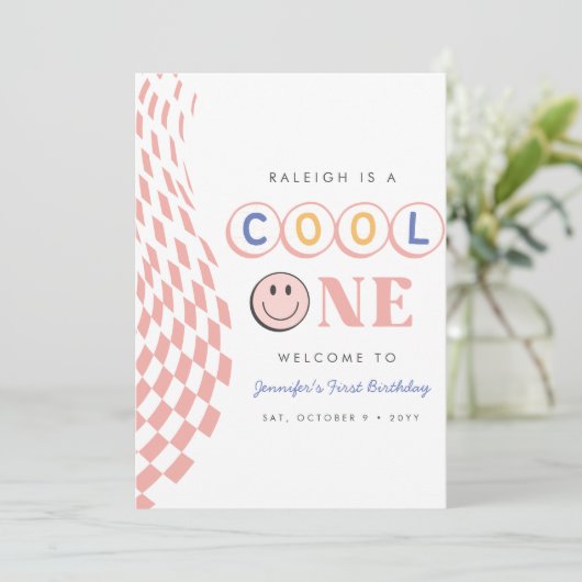 Invitation Cool One Girl's First Birthday À damiers Retro (Debout devant)