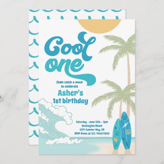 Invitation Cool One Retro Surf 1er anniversaire (Devant / Derrière)