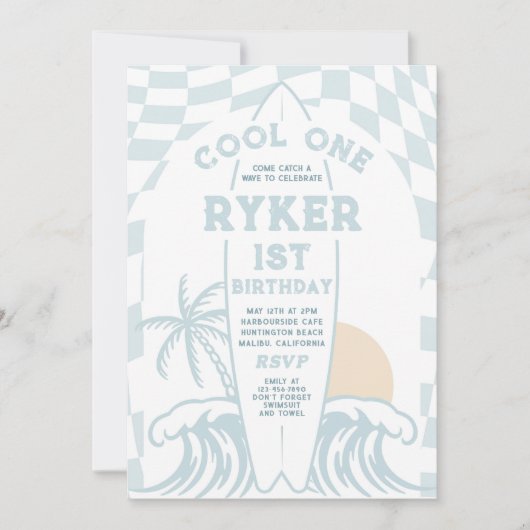 Invitation Cool One Surf Surf board 1er anniversaire (Devant)