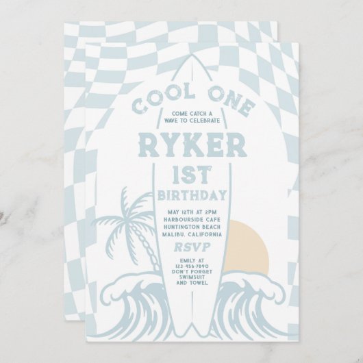 Invitation Cool One Surf Surf board 1er anniversaire (Devant / Derrière)