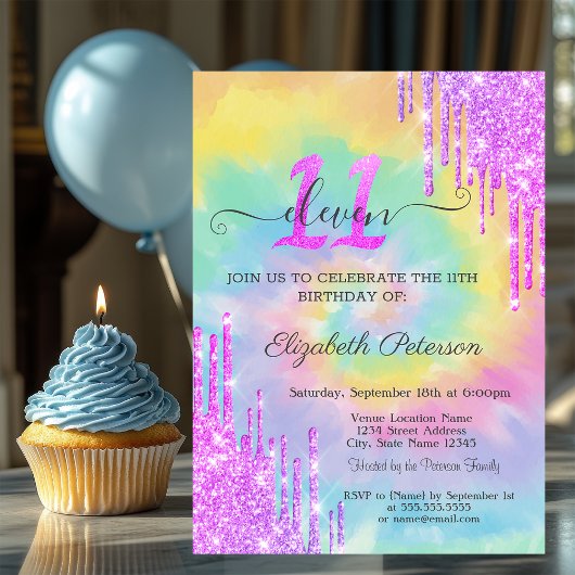 Invitation Cool Parties scintillant Drips Tie Dye 11e anniver