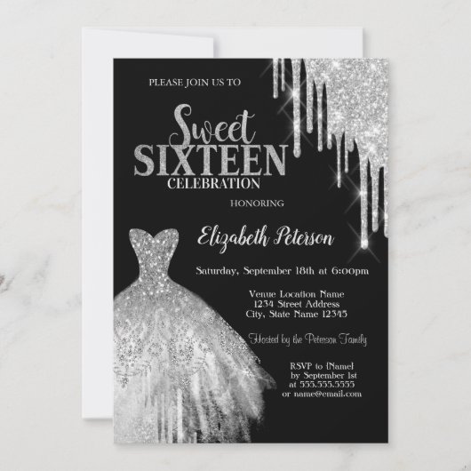 Invitation Cool Parties scintillant en argent, Robe Black Swe (Devant)