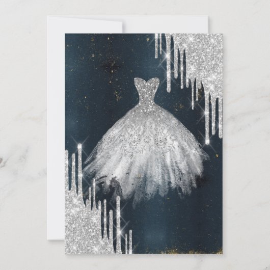 Invitation Cool Parties scintillant en argent, Robe bleu fonc (Dos)