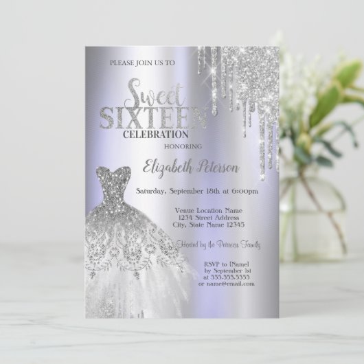 Invitation Cool Parties scintillant en argent, Robe Violet Sw (Debout devant)