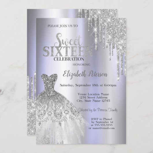 Invitation Cool Parties scintillant en argent, Robe Violet Sw (Devant / Derrière)