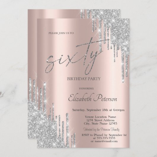 Invitation Cool Parties scintillant en argent Rose Gold 60e a (Devant / Derrière)