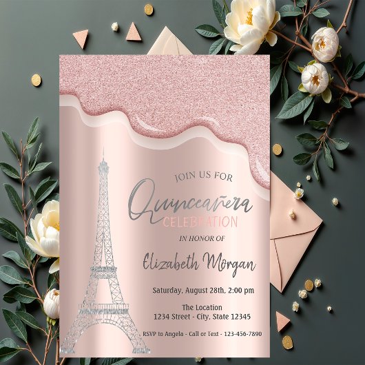 Invitation Cool Parties scintillant en argent, Tour Eiffel Qu