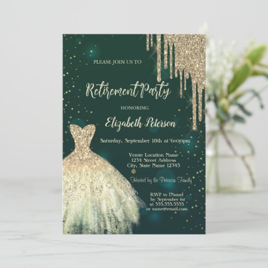 Invitation Cool Parties scintillant or, Robe Retraite verte (Debout devant)