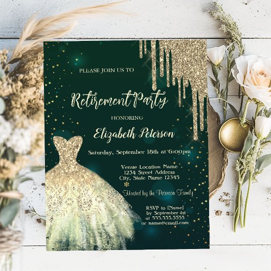 Invitation Cool Parties scintillant or, Robe Retraite verte