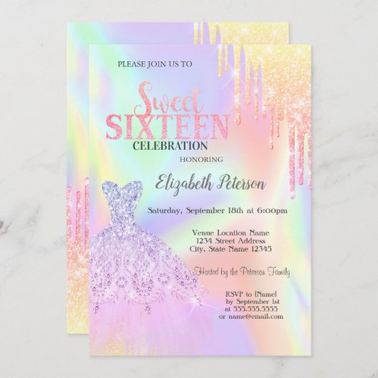 Invitation Cool Parties scintillant, Robe Holographique Sweet (Devant / Derrière)