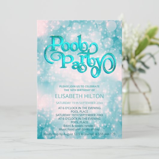 Invitation Cool parties scintillant script pool fête annivers (Debout devant)