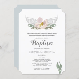 Invitation Cool Pêche Aquarelle Florales Ange Ailes Baptême