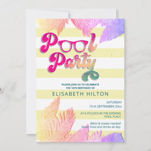 Invitation Cool plaisir été script pool fête d'anniversaire (Devant)