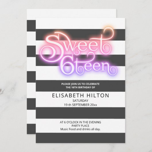 Invitation Cool plaisir moderne rayures typographie sweet six (Devant / Derrière)