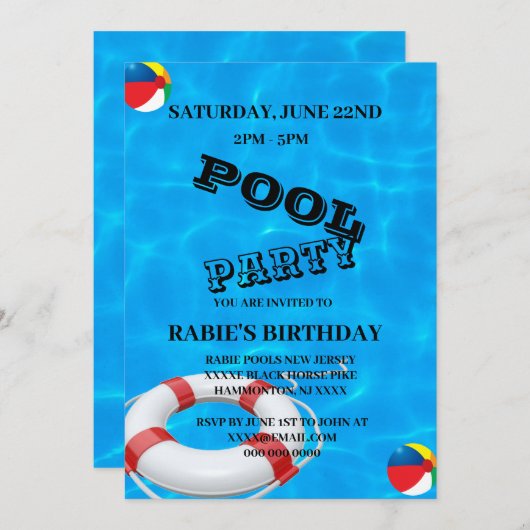 Invitation Cool Pool Party | Nage (Devant / Derrière)