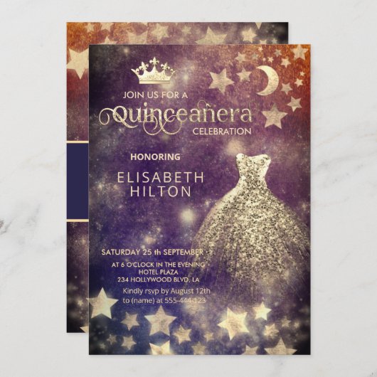 Invitation Cool princesse robe céleste étoiles lune (Devant / Derrière)