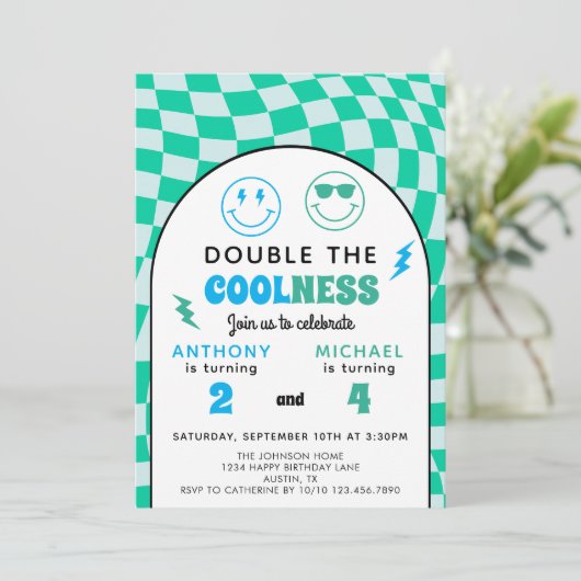 Invitation Cool Retro Double Celebration Boys Joint Birthday (Debout devant)
