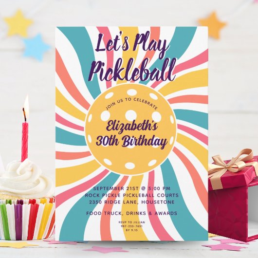 Invitation Cool Retro Sunburst Stripes Pickleball Party