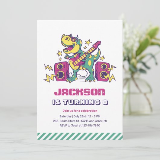 Invitation Cool Rockstar T-Rex Dinosaur Anniversaire de enfan (Debout devant)