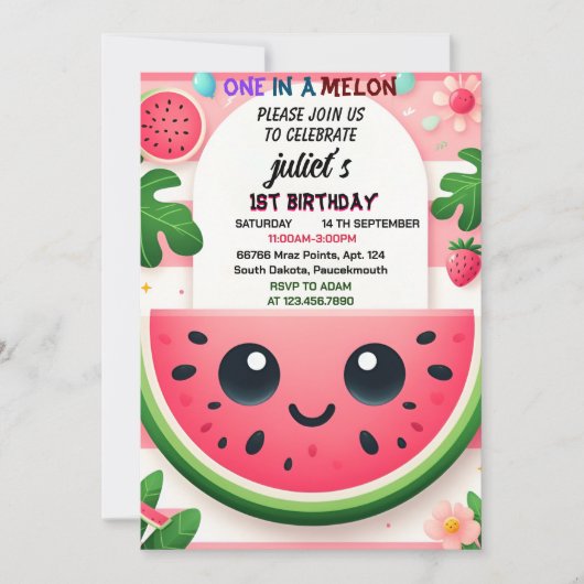 Invitation cool rose été un dans un melon premier 1er anniver (Devant)