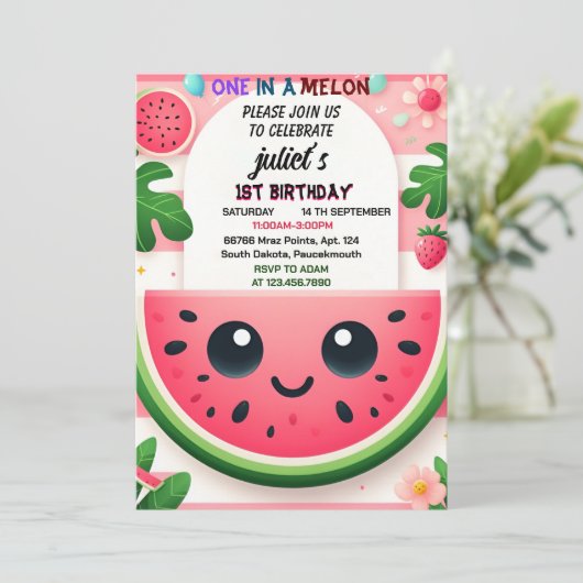 Invitation cool rose été un dans un melon premier 1er anniver (Debout devant)