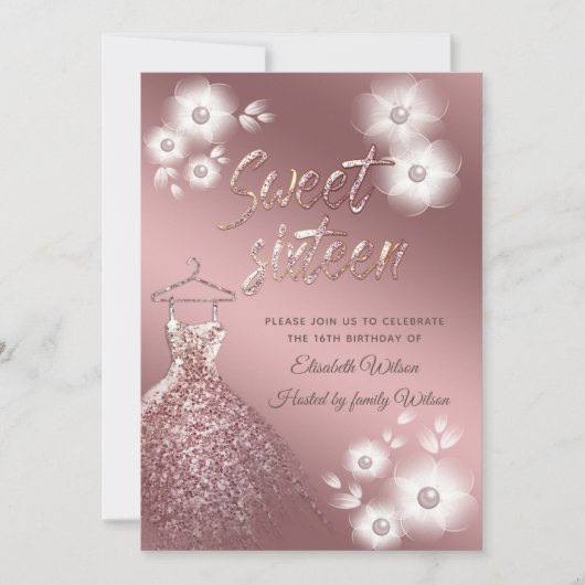 Invitation Cool Rose or robe perle sweet sixteen fleuri (Devant)