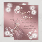 Invitation Cool Rose or robe perle sweet sixteen fleuri (Devant / Derrière)