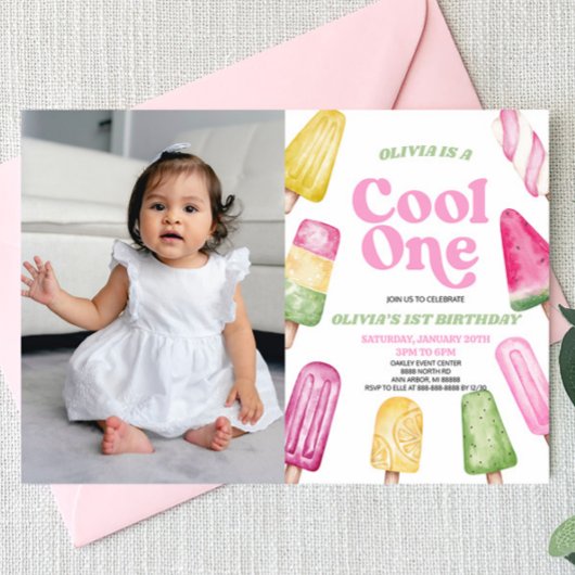 Invitation Cool rose Un Popsicle Photo 1er anniversaire fête