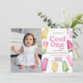 Invitation Cool rose Un Popsicle Photo 1er anniversaire fête (Debout devant)
