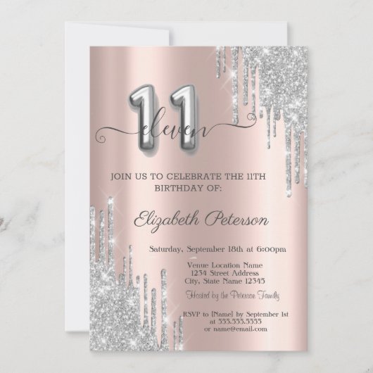 Invitation Cool Silver Drips Rose Gold 11e anniversaire (Devant)