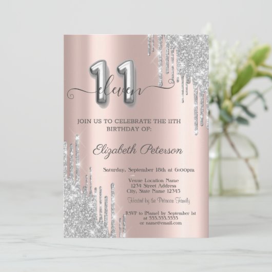 Invitation Cool Silver Drips Rose Gold 11e anniversaire (Debout devant)