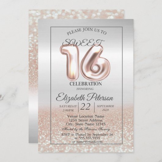 Invitation Cool Silver Rose Gold Bokeh Sweet 16 Party (Devant / Derrière)