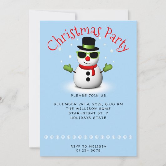 Invitation Cool Snowman fête de Noël Personnalisé (Devant)