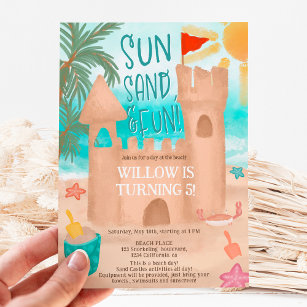 Invitation Cool Sun Fun Beach Party Sand Castle Anniversaire 