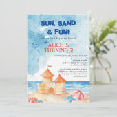 Invitation Cool Sun Fun Beach Party Sand Castle Anniversaire (Debout devant)
