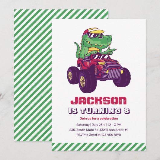 Invitation Cool T-Rex Monster Truck Dinosaur Anniversaire de  (Devant / Derrière)