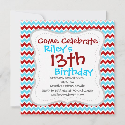 Invitation Cool tendance Turquoise Turquoise Rouge Chevron Zi (Devant)
