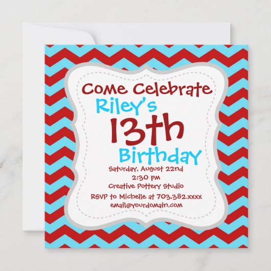 Invitation Cool tendance Turquoise Turquoise Rouge Chevron Zi (Devant)