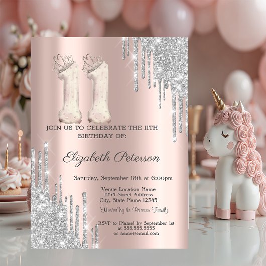 Invitation Cool Tiara Silver Drips Rose Gold 11th Birthday