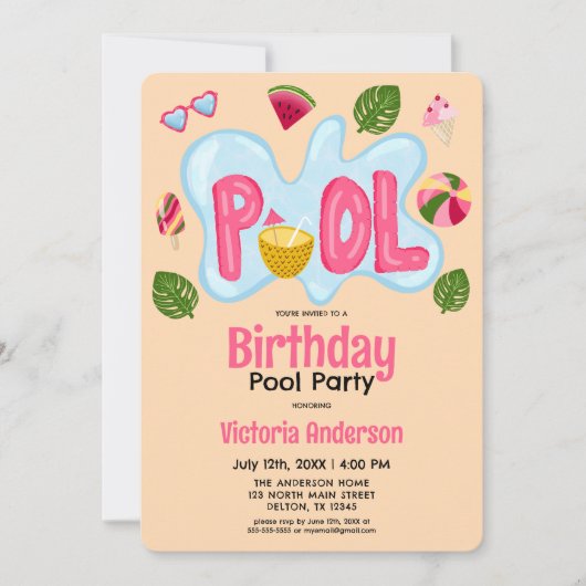 Invitation Cool Tropical Summer Pool Party Anniversaire (Devant)