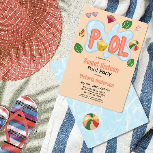 Invitation Cool Tropical Summer Pool Party Sweet 16 Invitatio