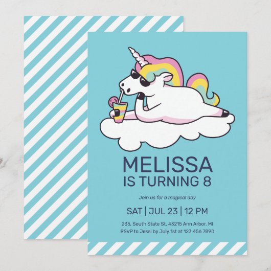 Invitation Cool Unicorn Lunettes de soleil été fille Annivers (Devant / Derrière)