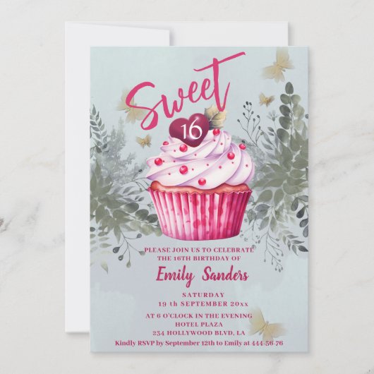 Invitation Cool vintage aquarelle verte cupcake (Devant)