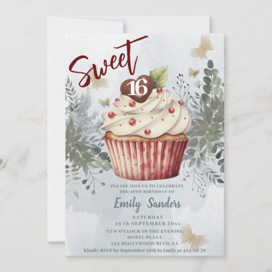 Invitation Cool vintage aquarelle verte cupcake (Devant)